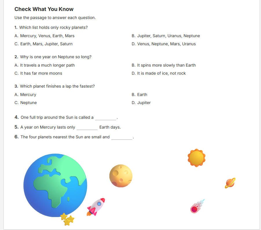 A space worksheet: multiple choice and fill-in-the-blank questions about the planets, with illustrations of Earth, the Moon and a rocket.